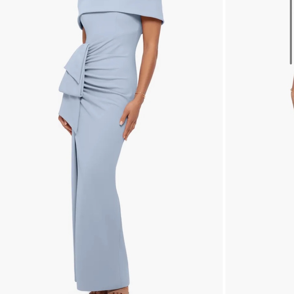 XSCAPE EVENINGS Ruched off the shoulder crepe gown in sky blue